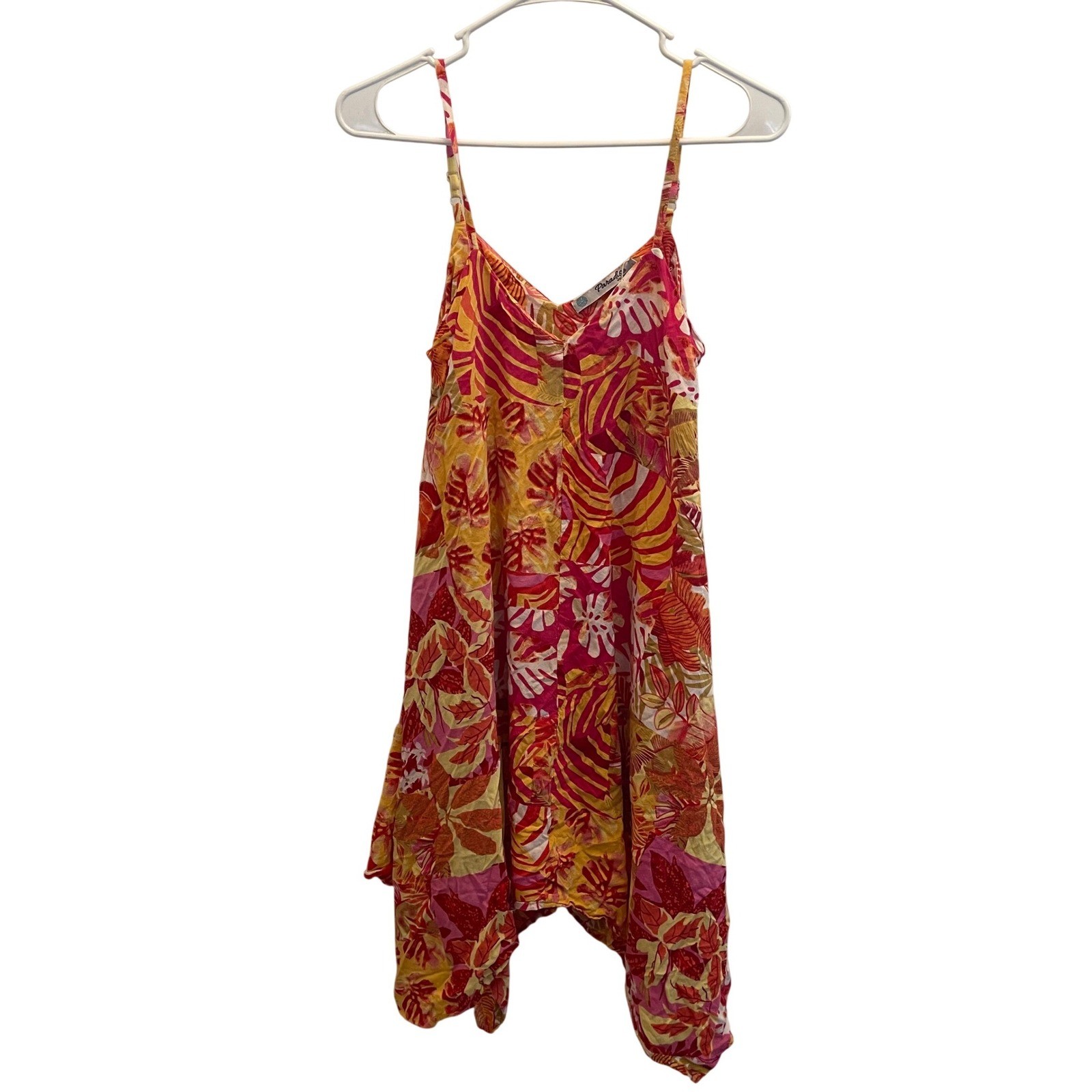 Paradise USA Tropical Leaf Sharkbite Hem Sundress Pink Orange Yellow Small