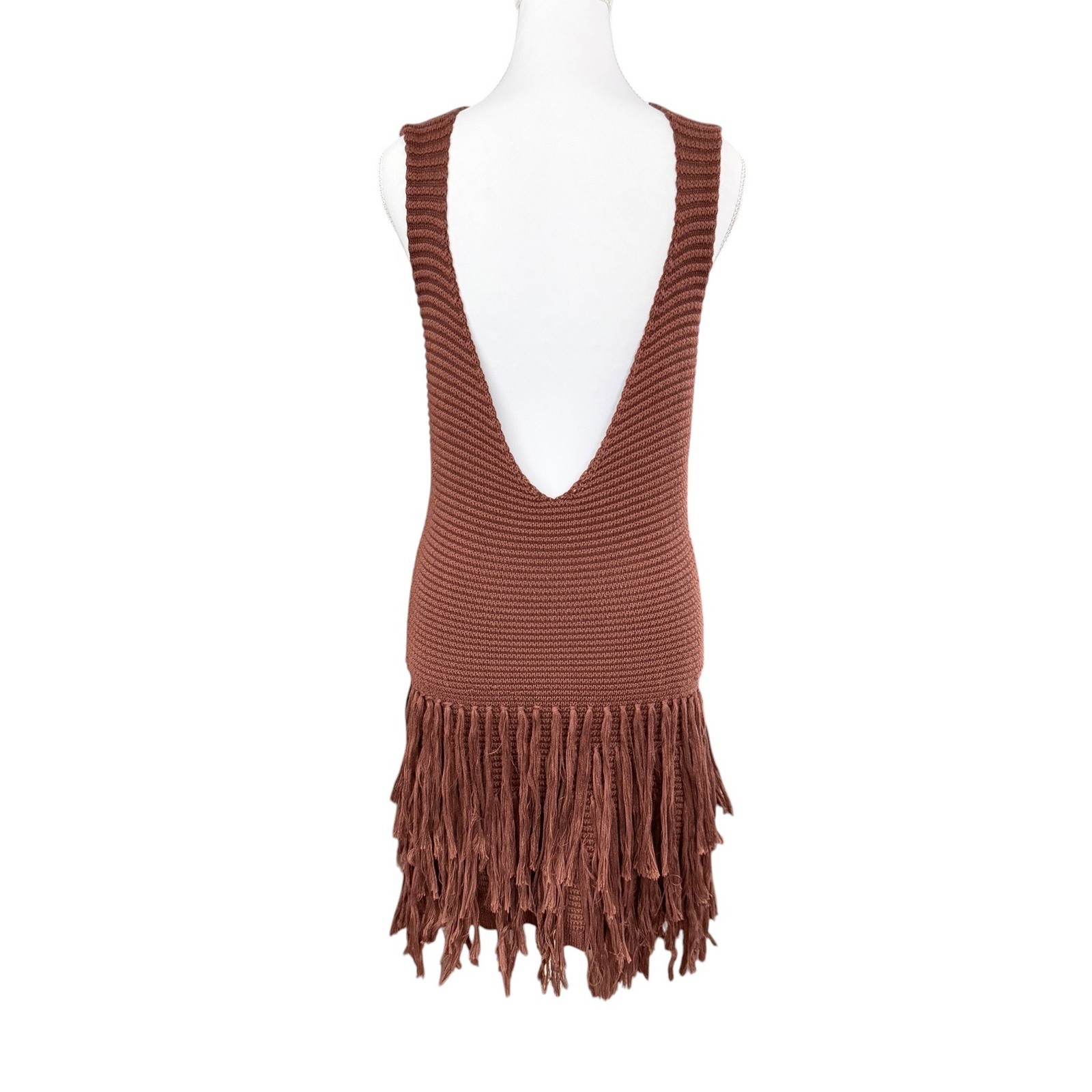 Musera Open Back Fringe Knit Mini Dress XS Brown Boho Western Festival Cowgirl