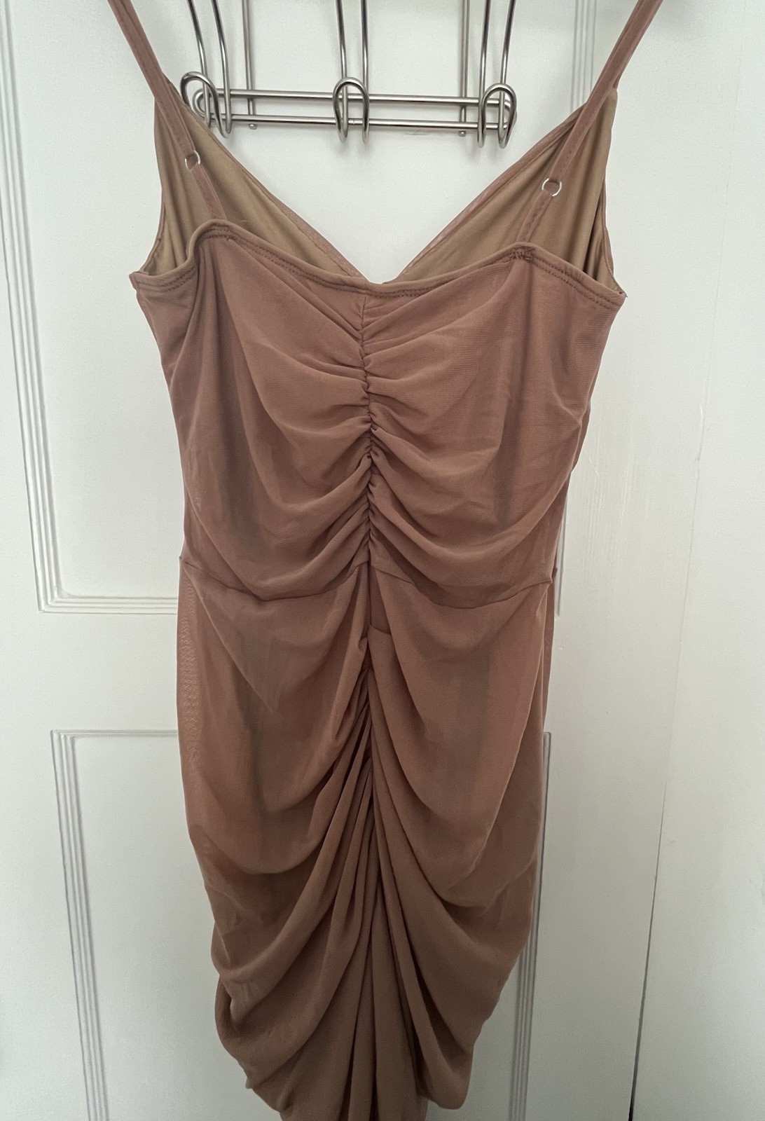 Womens Brown Ruched Ruffle Mesh V-Neck Bodycon Long Dress SheinM Lined StretchG5