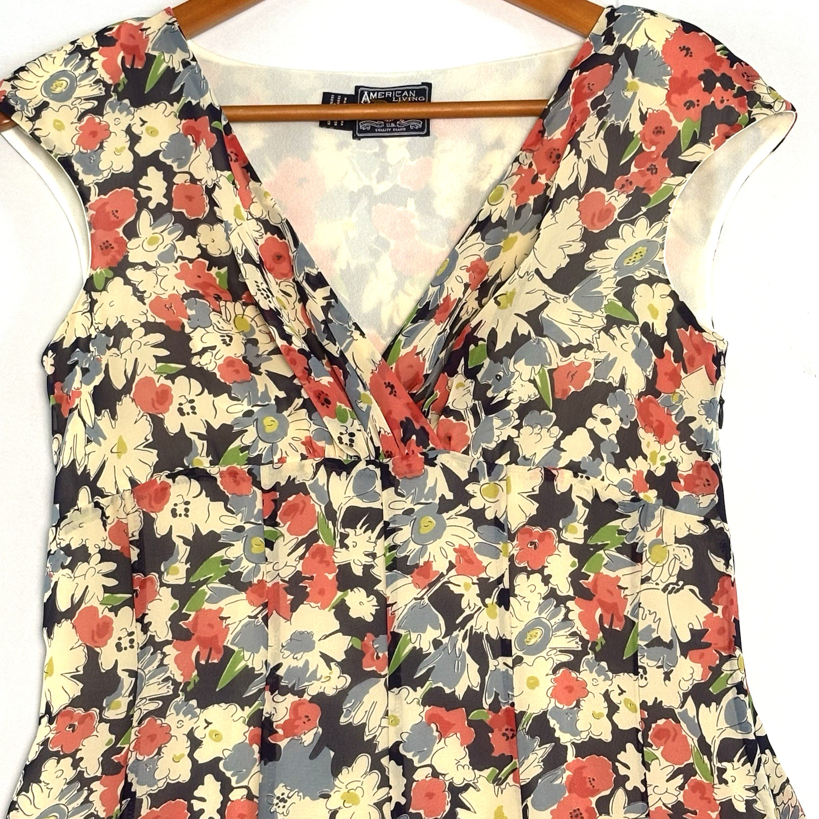 Retro Fit Flare Dress Floral WMs 6 SMALL V-Neck Empire Knee Lined Garden Party