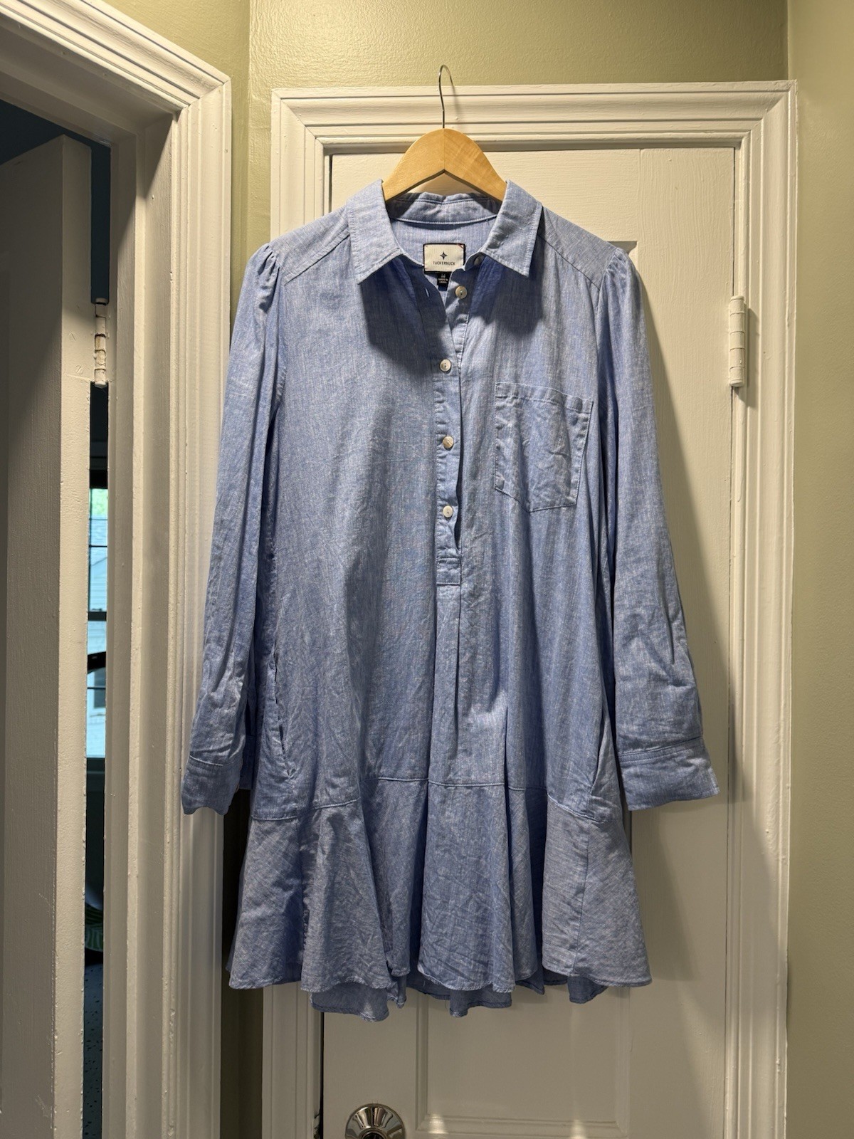 TUCKERNUCK Chambray Blue 100% Cotton Callahan Button Popover Tunic Shirt Dress M