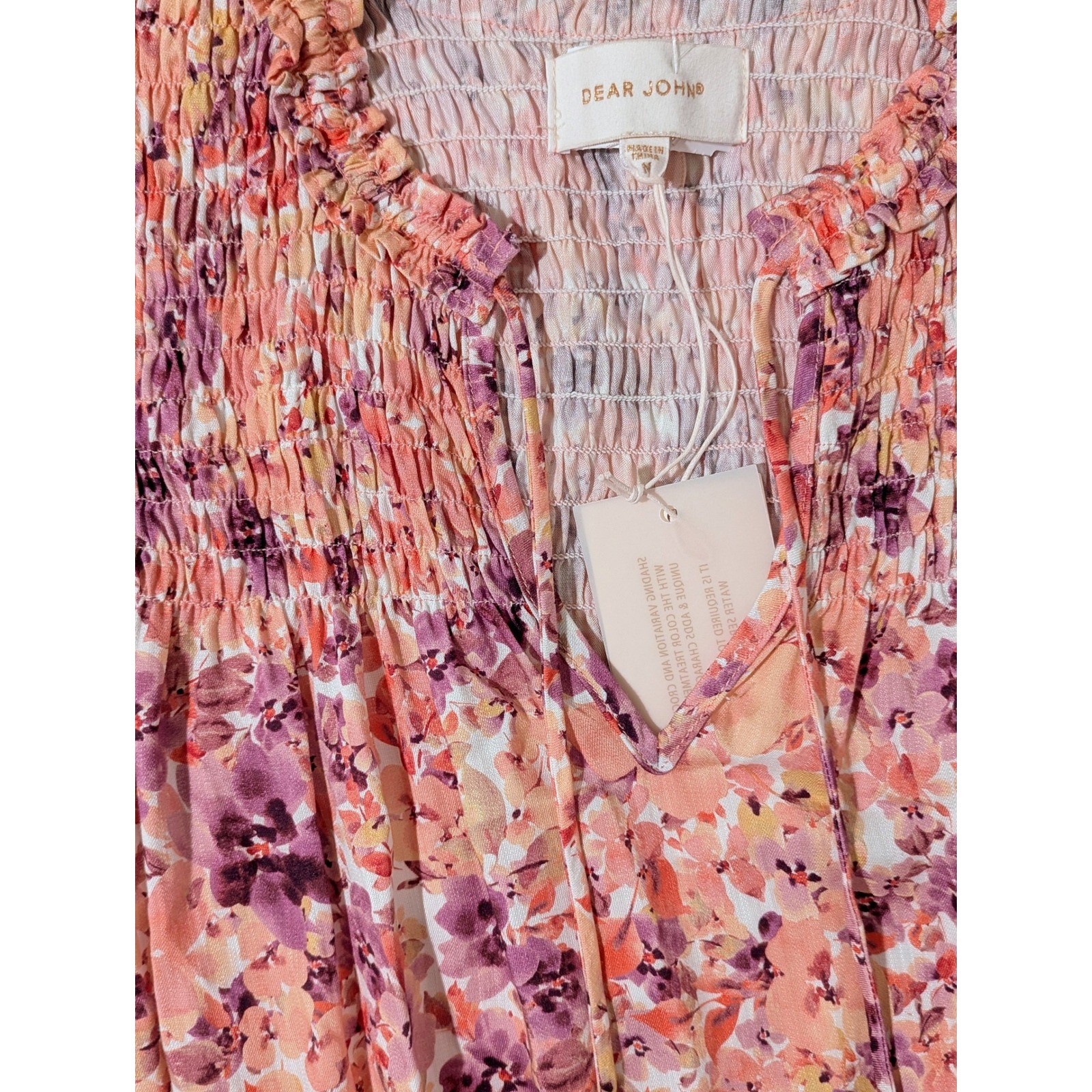 Dear John Floral Tencel Smocked Tiered Mini Dress Pink Purple Floral NWT Size M