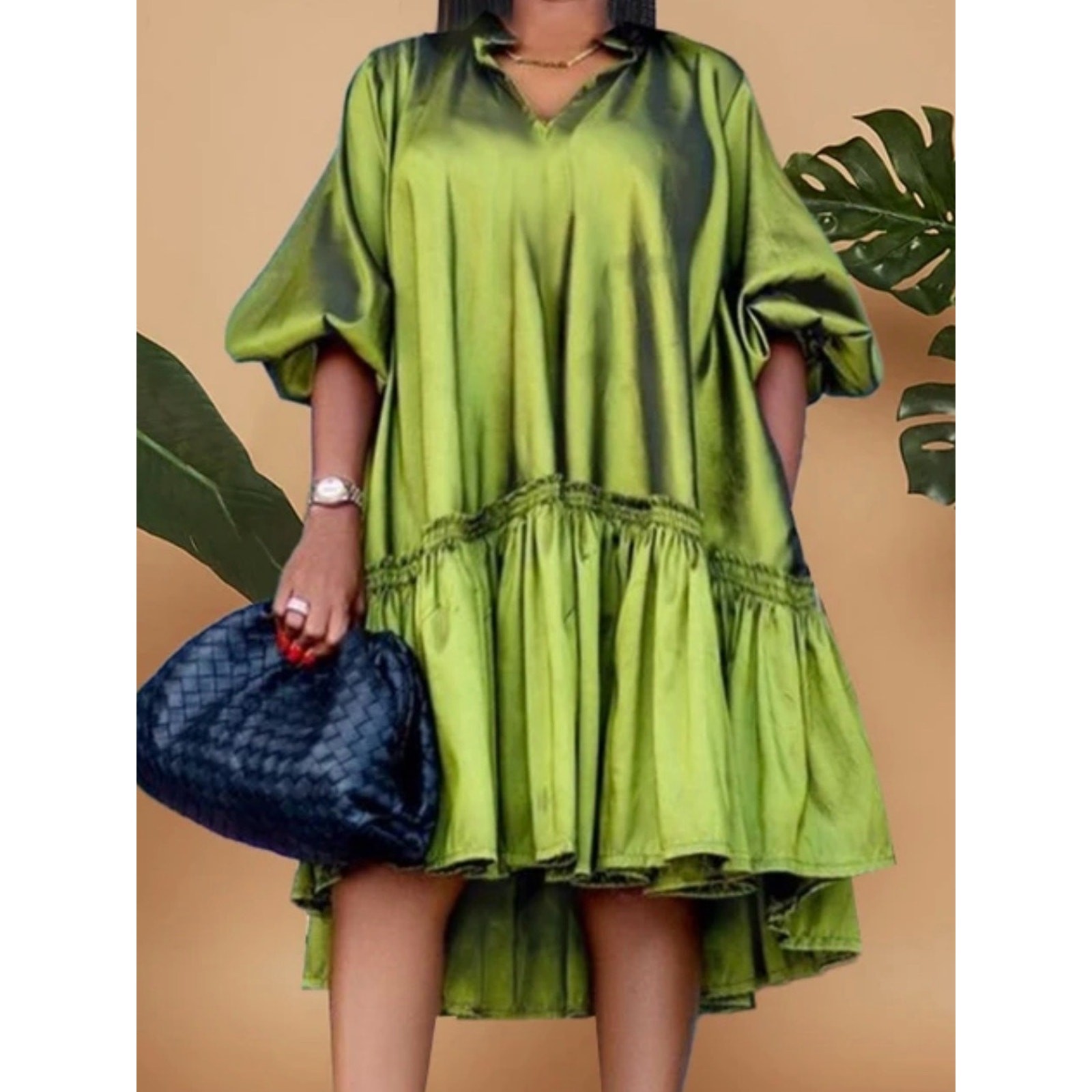 Lime Green Metallic Sheen V-Neck Ruffle Mini Dress NWT Oversized AOMEI Sz M
