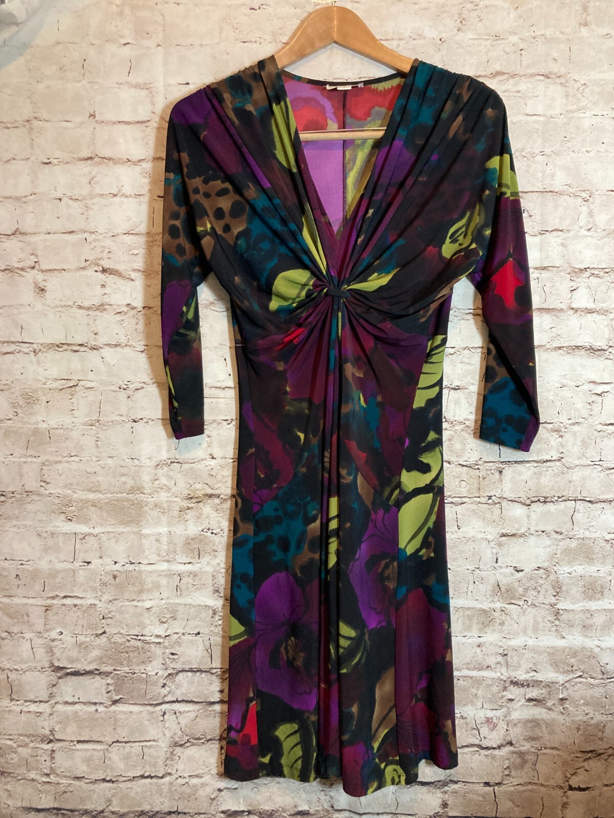 Kim Rogers Midi Dress Womens 10 Dark Watercolor Mixed Print Twist Front Stretch