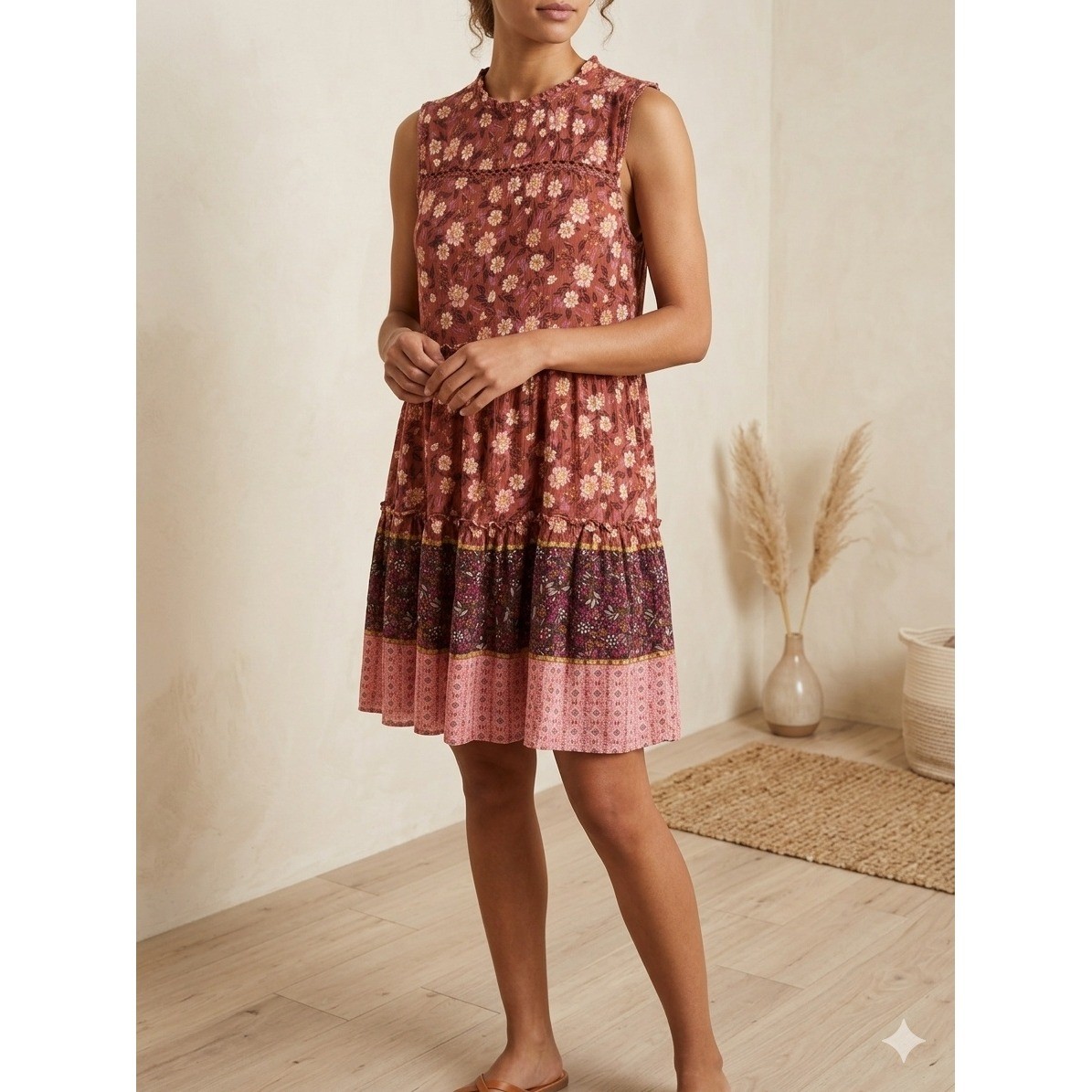 Knox Rose Womens XS Floral Tiered Sleeveless Mini Dress Rust Boho Mixed Print