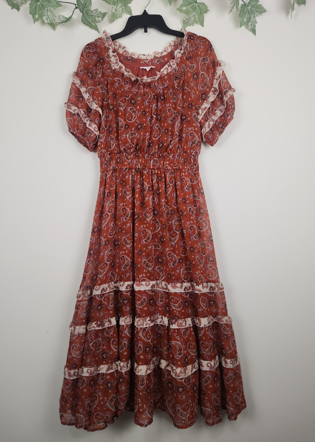 By The River Size M Rust Brown Paisley Floral Elastic Waist Boho Ruffle Dress