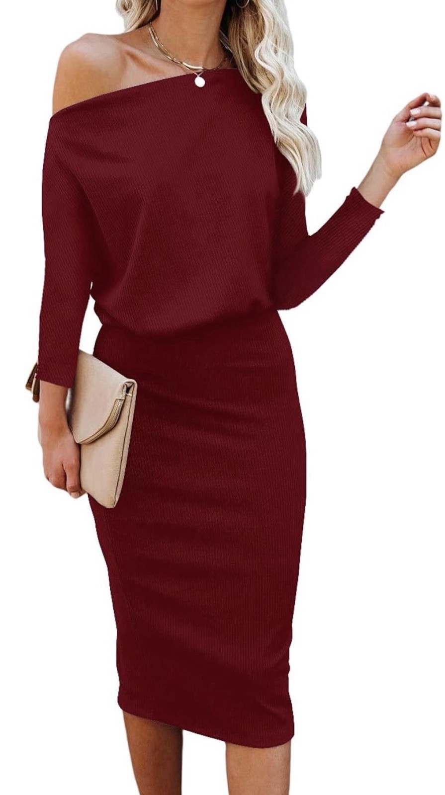 Women’s Off The Shoulder 3/4 Sleeve Batwing HIPS-Wrap Midi Dress Sexy Bodycon S