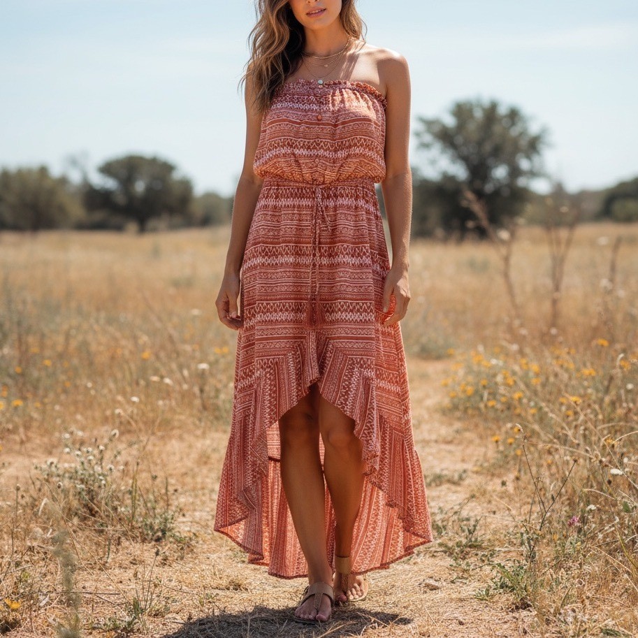 Main Strip Strapless Hi-Lo Maxi Dress Geometric Print Medium Boho