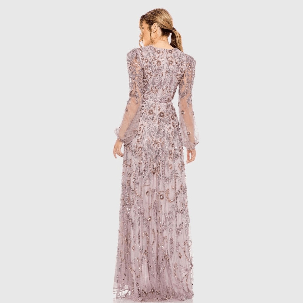MAC DUGGAL 93930 Purple Puff Sleeve Embellished A Line Gown Dress Size 14