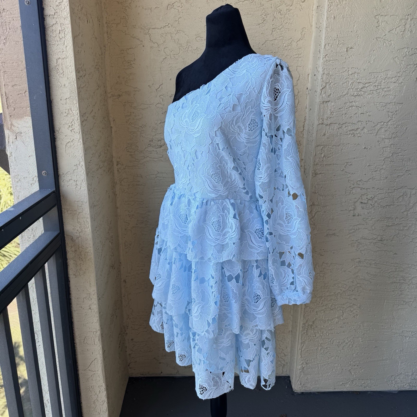 NWT Layered With Love One Sleeve Dress Sz M in Blue Sky Lace Above Knee