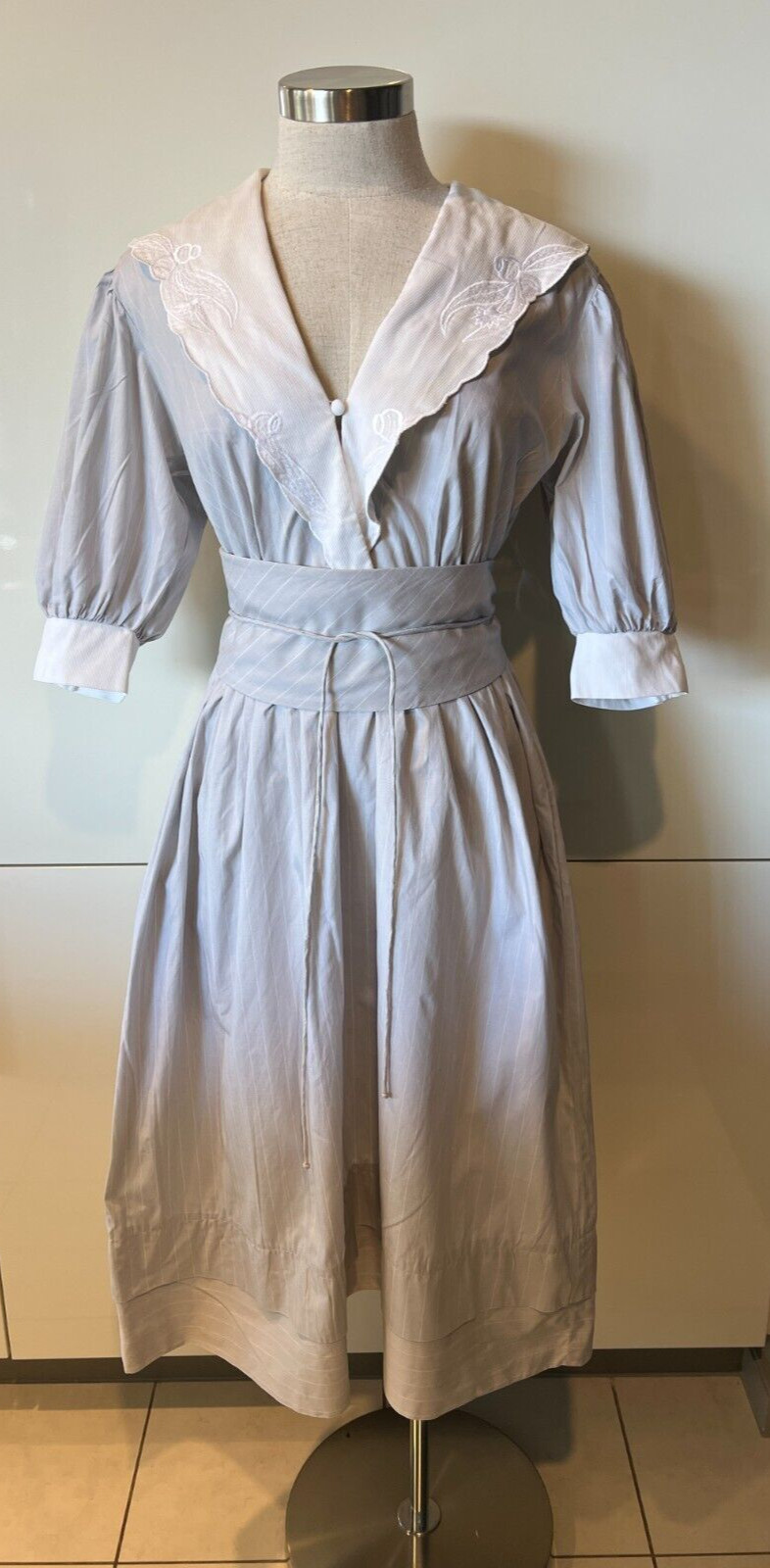 PRUE ACTON Vintage 70s Grey/White Stripe Collared, Cotton Dress 8-10AUS/4-6US