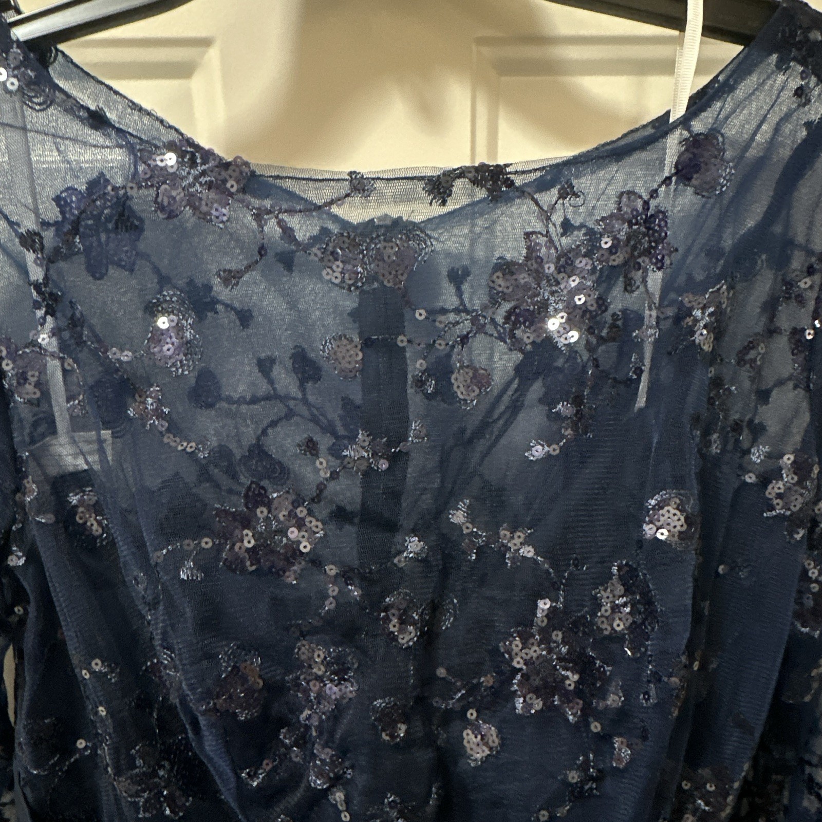Blue Plus Size 16W Knee Length Chiffon Boat Neck Long Sleeve Sequin Dress