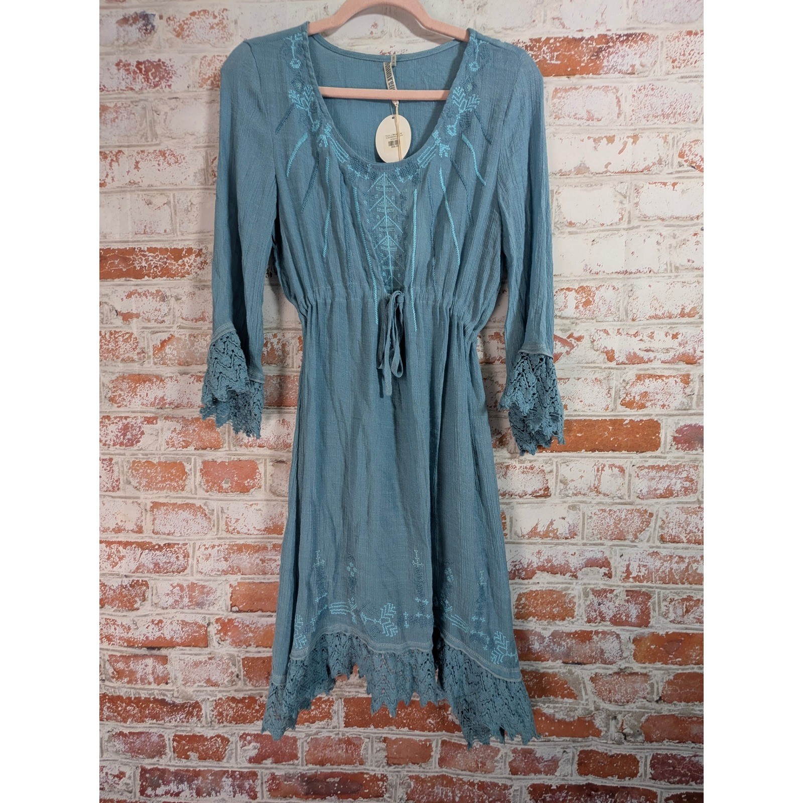 Monoreno Embroidered Lace Dress Womens Small Blue Boho Mini M8925