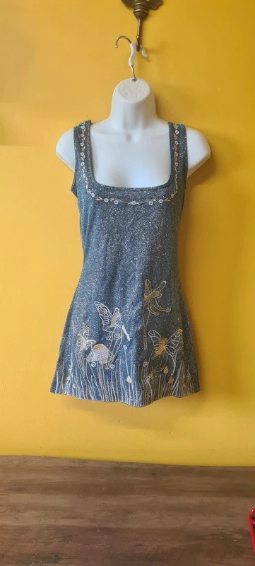 Womans size 10-12 whimsical Sun Fairy mini dress blue sparkly gold embroidery
