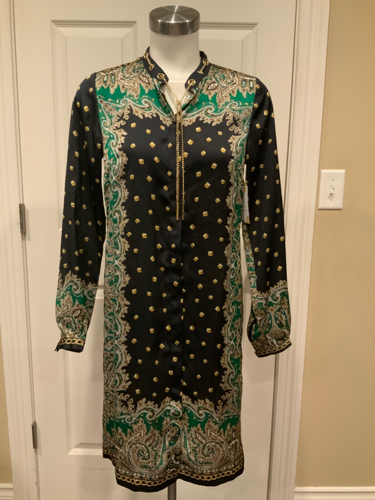 Michael Kors Navy Blue Tan Green Geometric Paisley Dress W/ Chain Size XS, NWT!