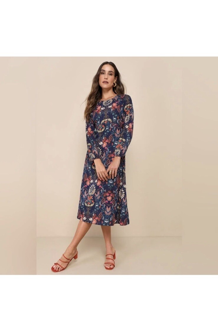 I. Madeline Garden Splendor Navy Blue Floral Print Long Sleeve Midi Dress M NWT