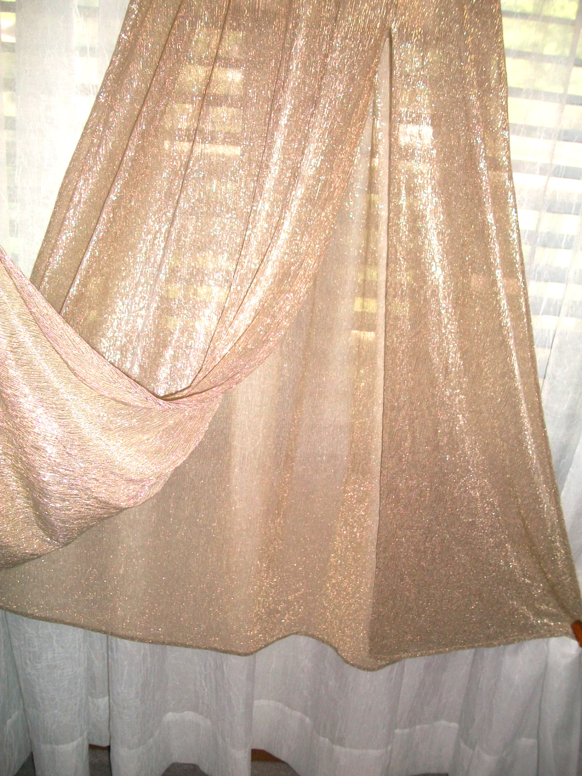 LULUS SZ L LONG SHIMMERY GOLD SEMI SHEER MAXI GLAMOUR EVENT CLUB DRESS~HIGH SLIT