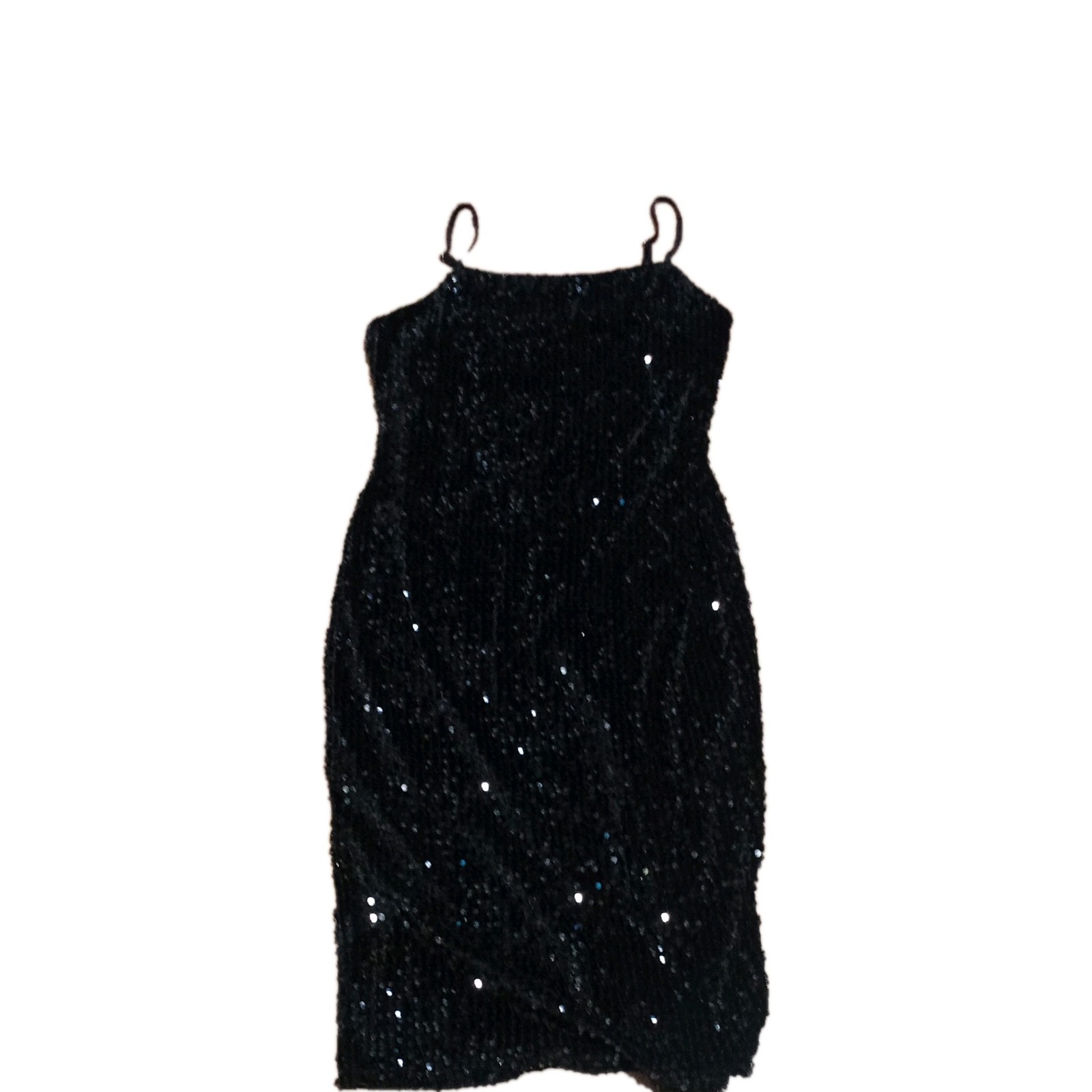 Women’s Black Solid Sequin Sleeveless Spaghetti Strap Knee Length Dress Regular