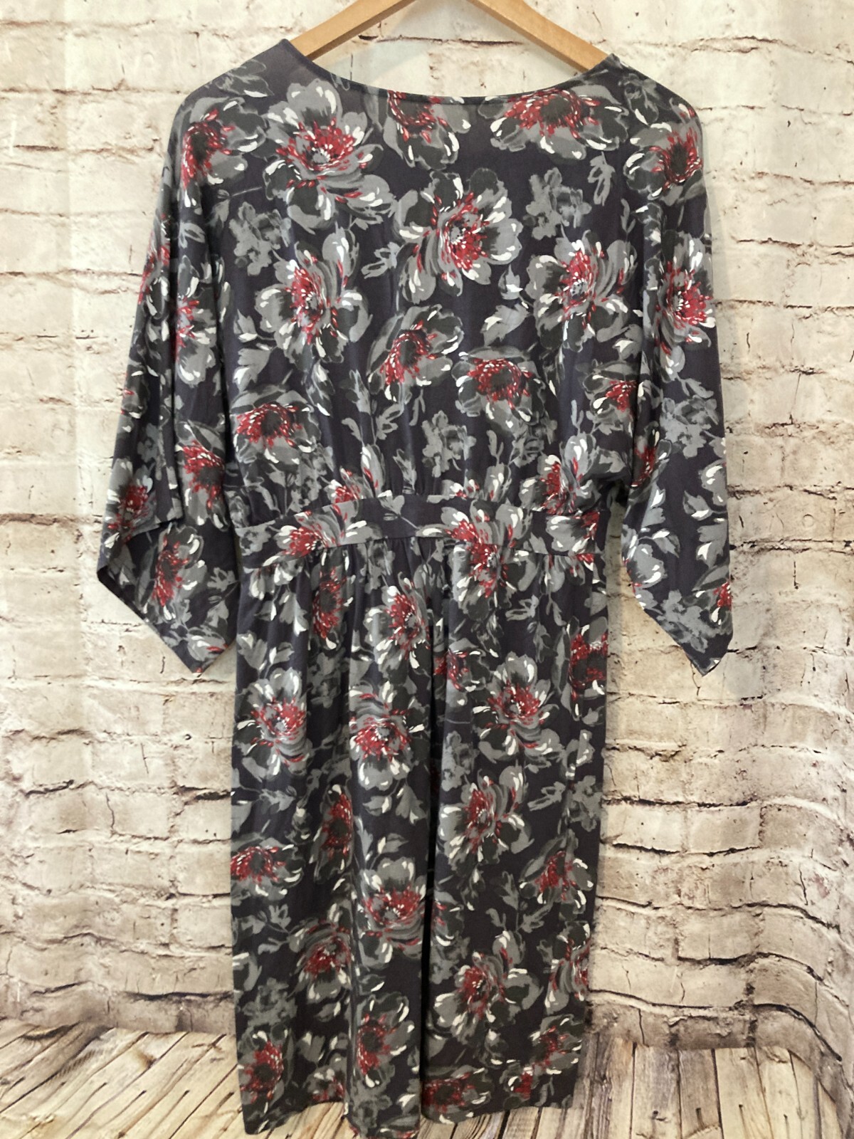 Garnet Hill Dress Womens Small Gray Floral A Line Midi Stretch Kimono Sleeve