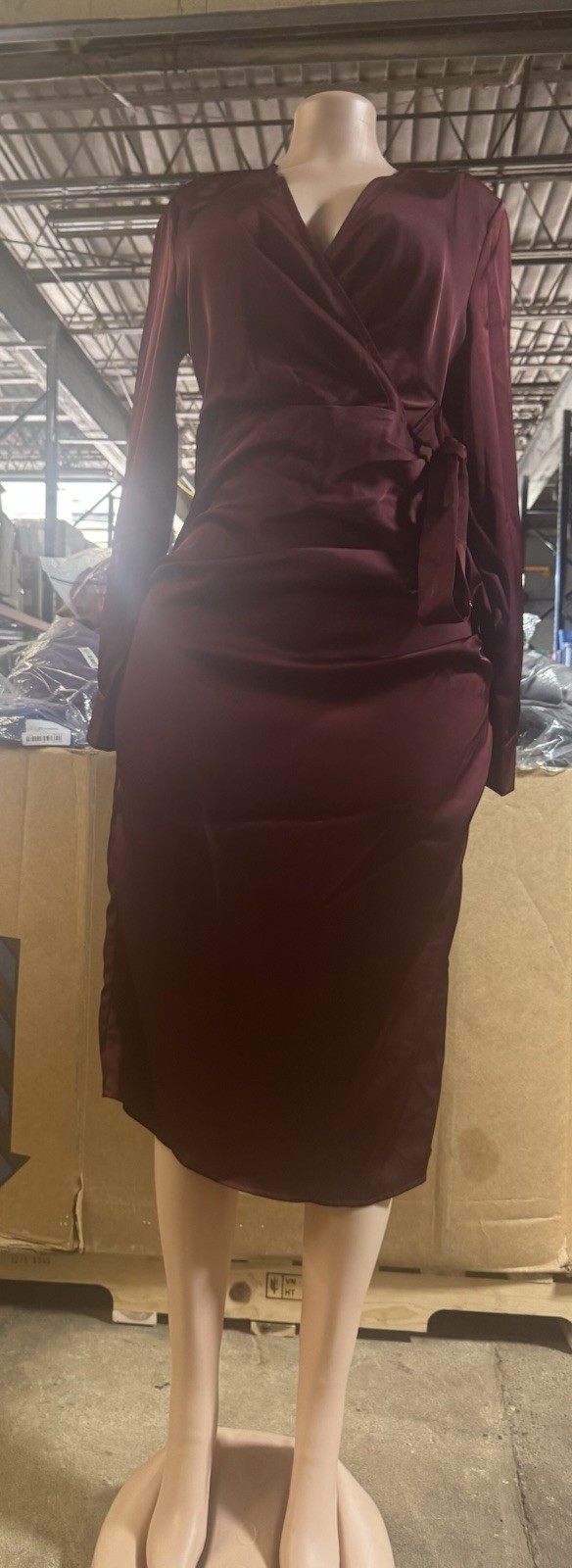 polyester 96 Burgundy Satin Wrap Midi Dress Ruched V-Neck Long Sleeve Tie Bow M