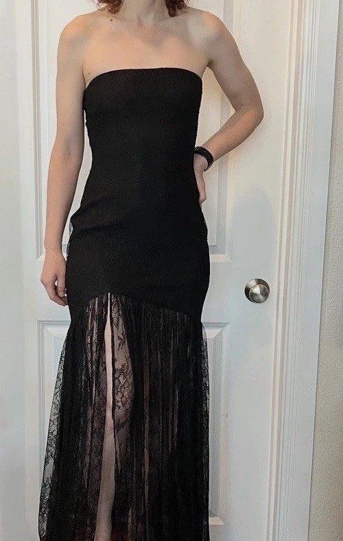 Retrofete Black Lace Maxi Dress Strapless Gown Slit XS Whimsigoth Fairy Jeanette