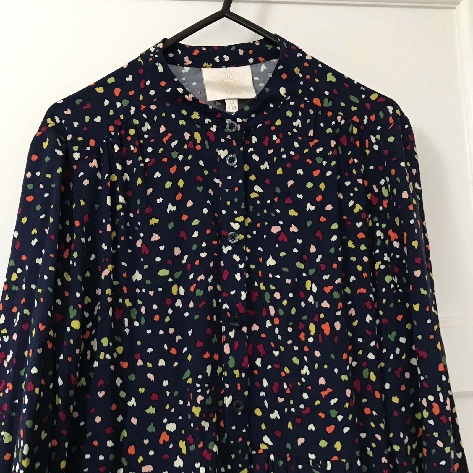 Feather Bone Midi Dress Womens Size XS 8 Navy Blue Spotty Long Sleeve Ruffle