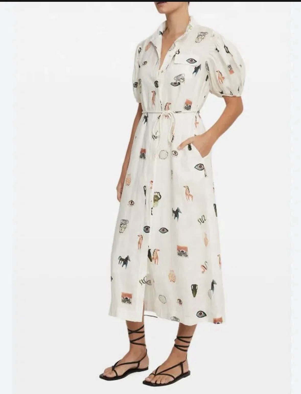 ALEMAIS Hera white/ivory Linen Shirt Dress Size 8, Midi, Puff Sleeve, Pockets
