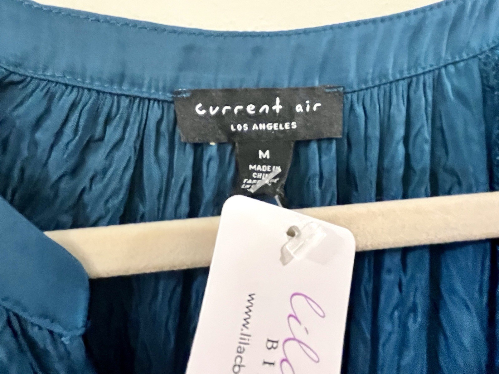CURRENT AIR Anthropologie Long Sleeve Silky Crinkle Smocked Waist Dress Teal M