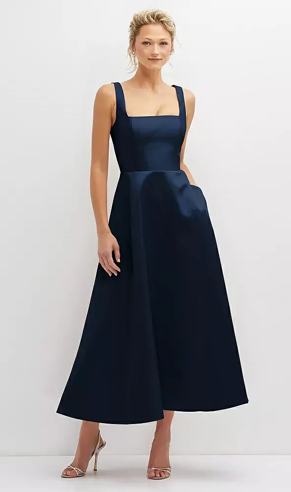 Dessy Collection Midnight Blue Square Neck Sateen Midi Gown Size 10 $248 3140