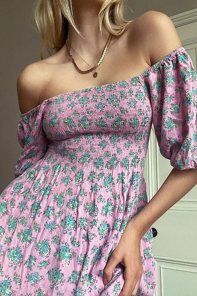 UO Lottie Floral Tie-Back Midi Dress Printed Smocked Puff Sleeve New Small S