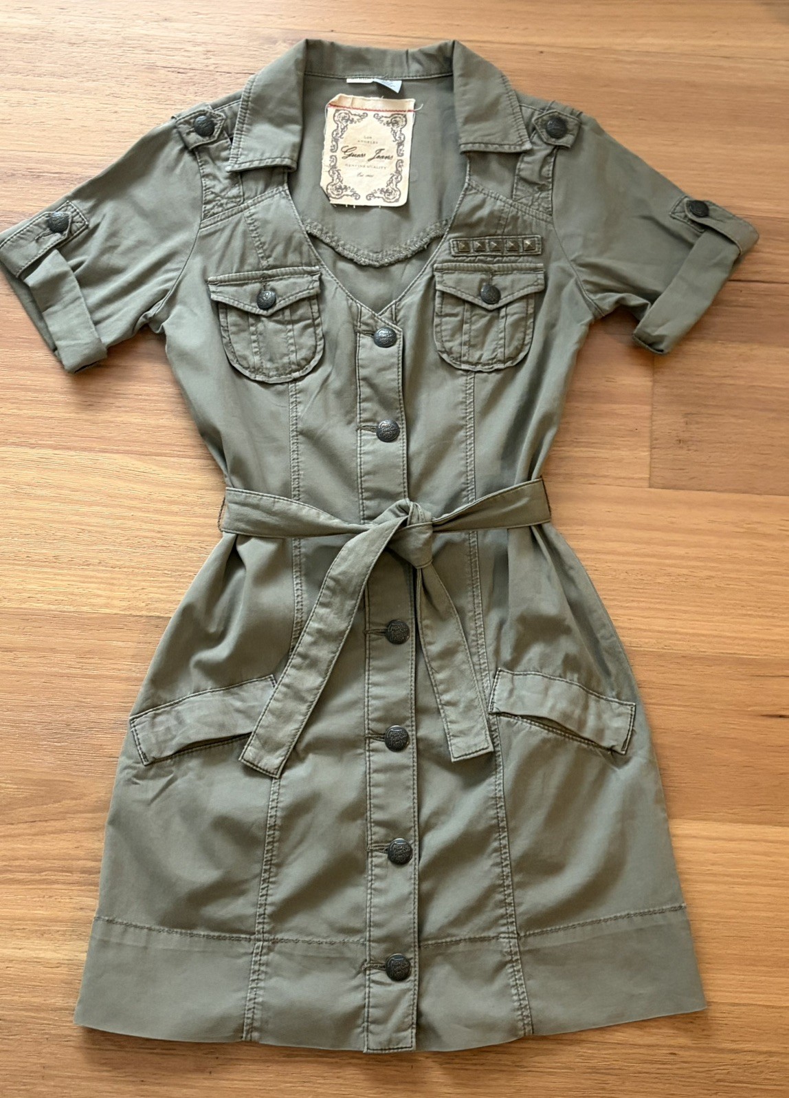 Rare GUESS Jeans Khaki Military Utility Shirt Mini Dress XS Belted Y2K