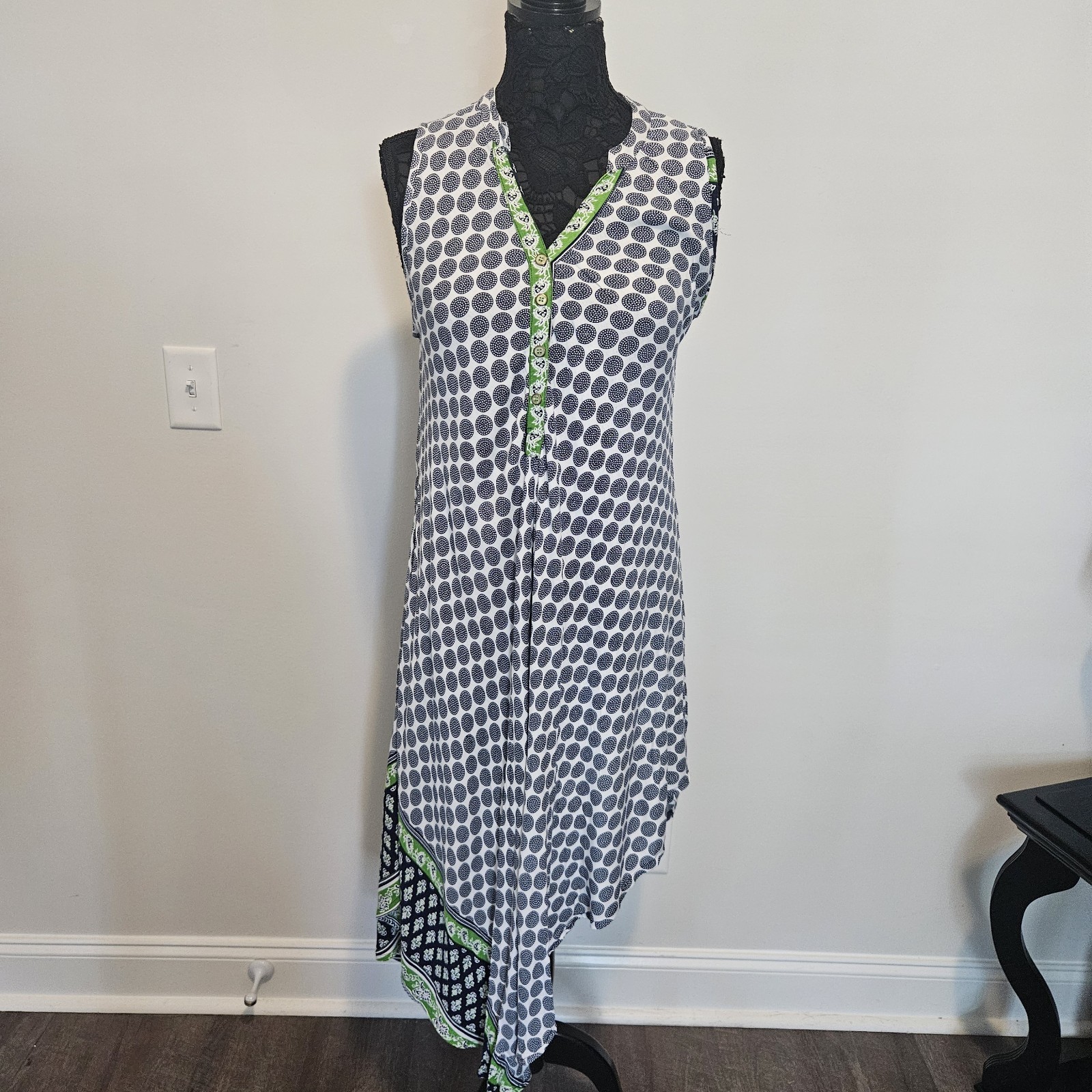 Seven Islands NY Maxi Dress Blue Green Flowy Tropical Beach Asymmetrical Sz M