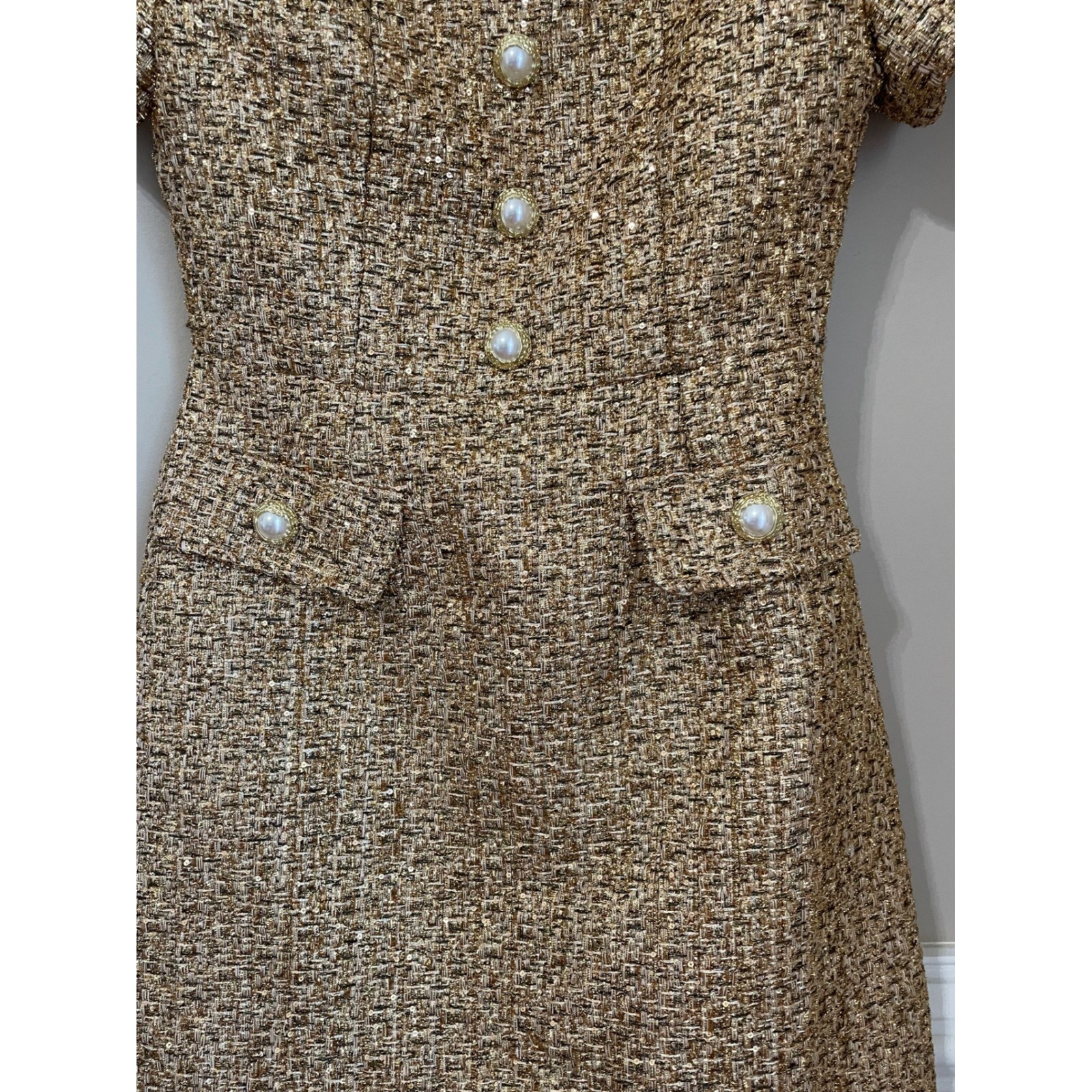 Miss Rosier Size S Arna Gold Metallic Tweed Mini Dress Short Sleeve