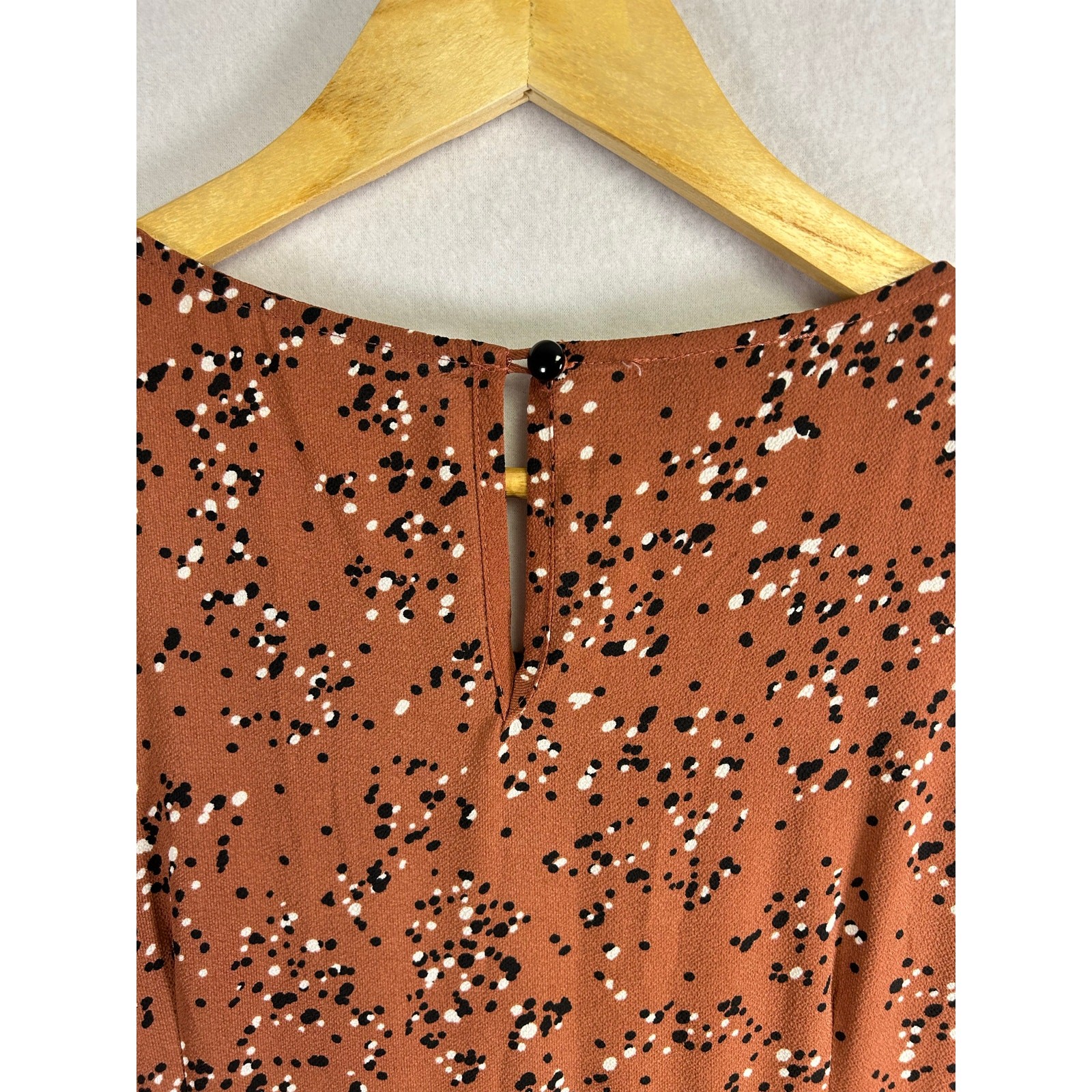 Boho Feminine Brannan Brown Dress – Rust with Black & White Dots, Size L