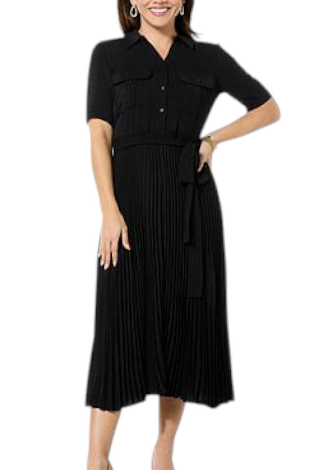 Nina Leonard Women’s Collared Shirt Dress w/ Pleated Skirt Black