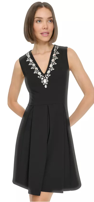 Tommy Hilfiger Black Dress Petite 12P Rhinestone V-Neck Fit & Flare NWT JAN871