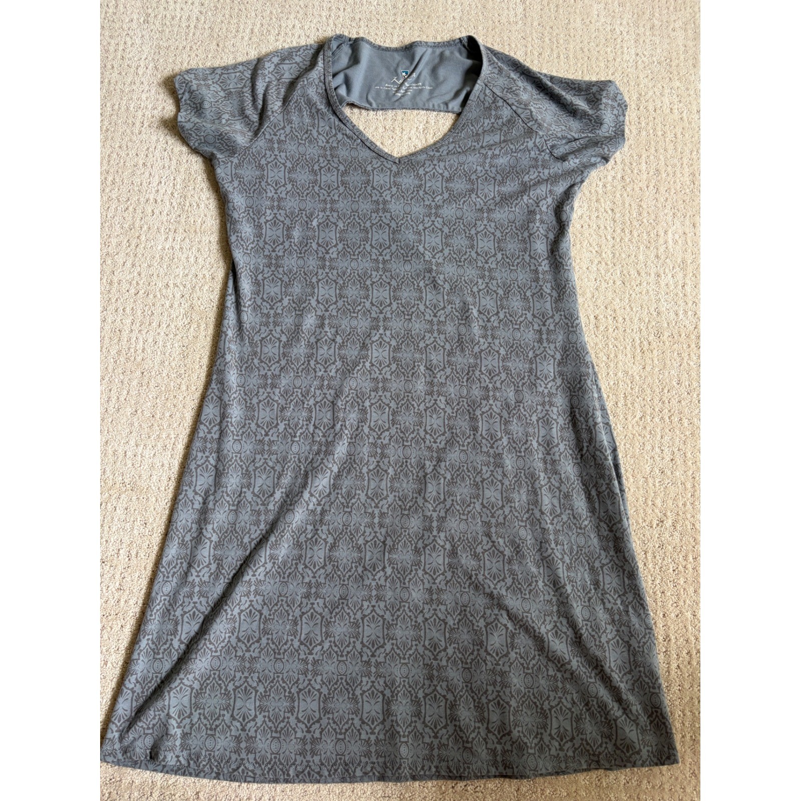Kuhl Dress Womens Large Gray Damask Print V-Neck Cutout Back Short Sleeve A-Line