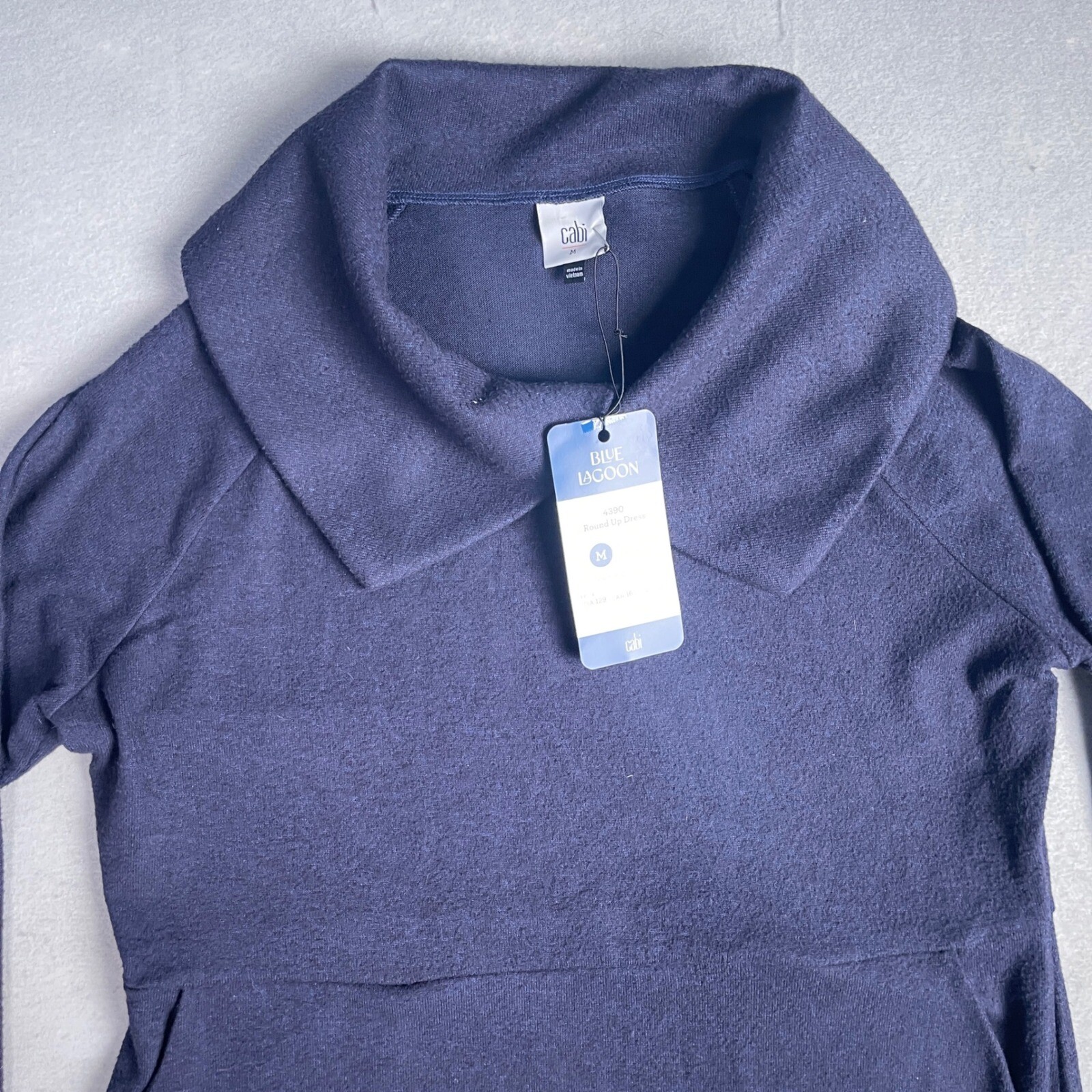 Cabi Round Up Dress Funnel Neck Long Sleeve Pockets Black Cobalt Blue M