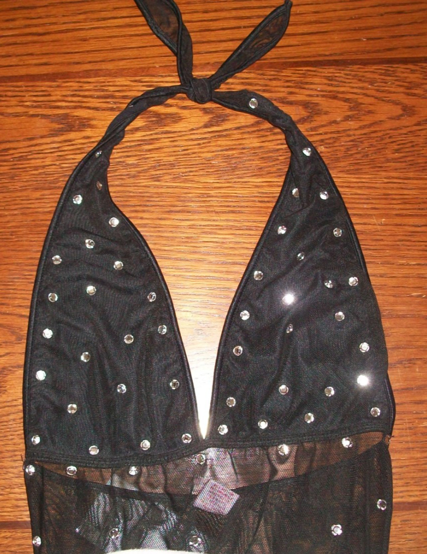 ROMA HOLLYWOOD S/M SHEER STRETCH BLACK NET RHINESTONE PARTY HALTER DRESS