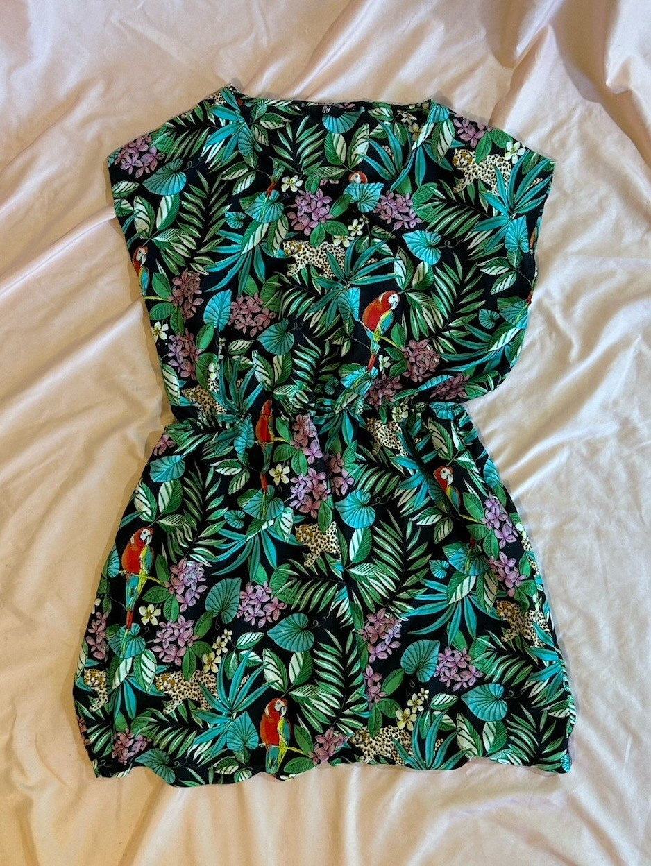 fig Women’s XL Tropical Floral Shift Dress Sleeveless Short Elastic Waist