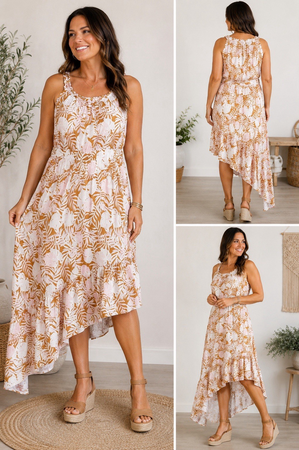 SO Floral White Brown Pink Scoop Neck Sleeveless Asym Hem Midi Dress Size XL