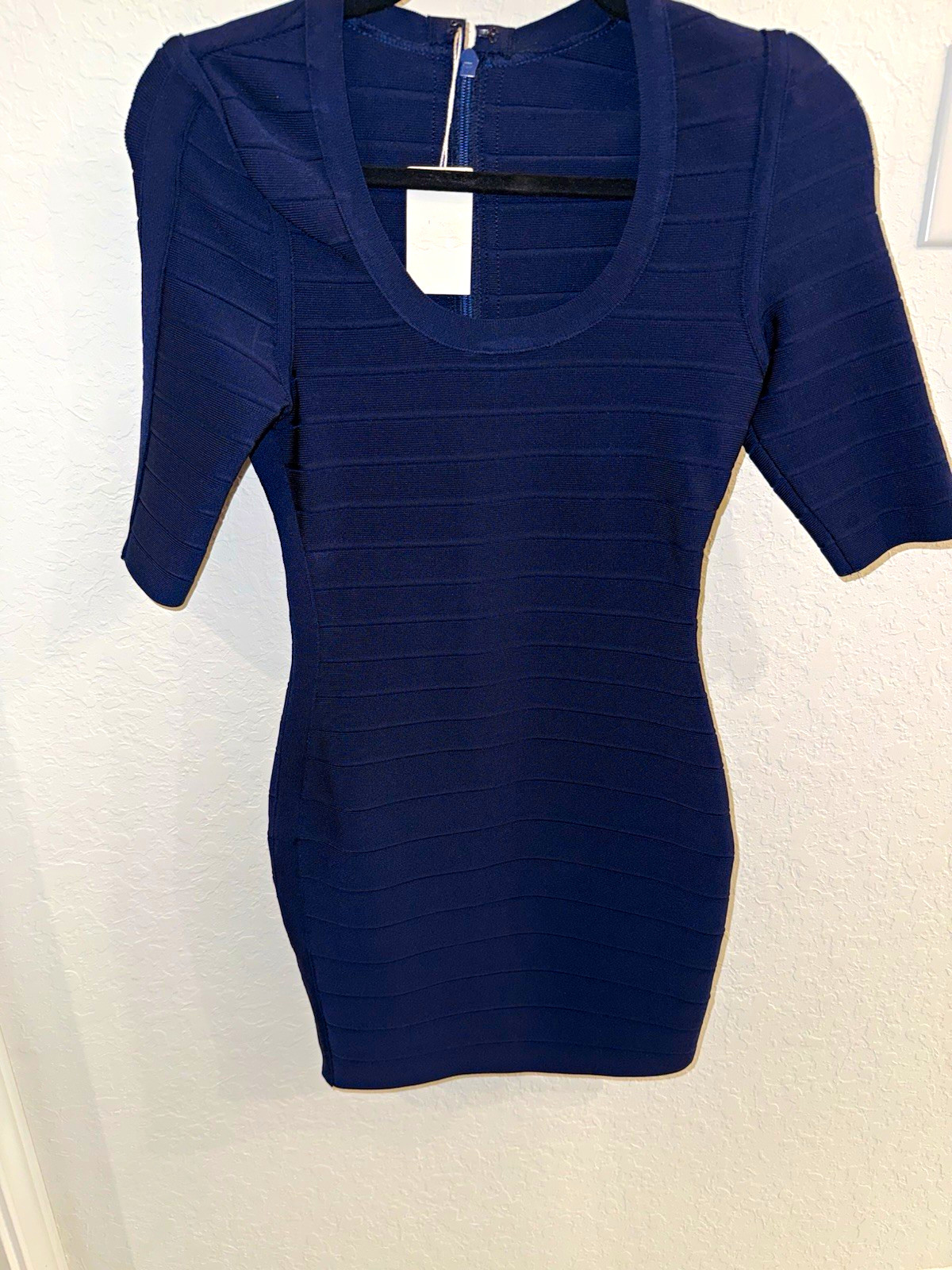 Yarmiqueen Navy Bodycon Dress Stretch Knit Scoop Neck 3/4 Sleeve Back Zip S