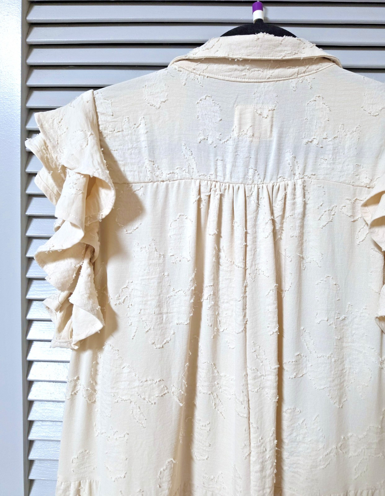 cream floral texture ruffle shoulder collar tiered long dress XL