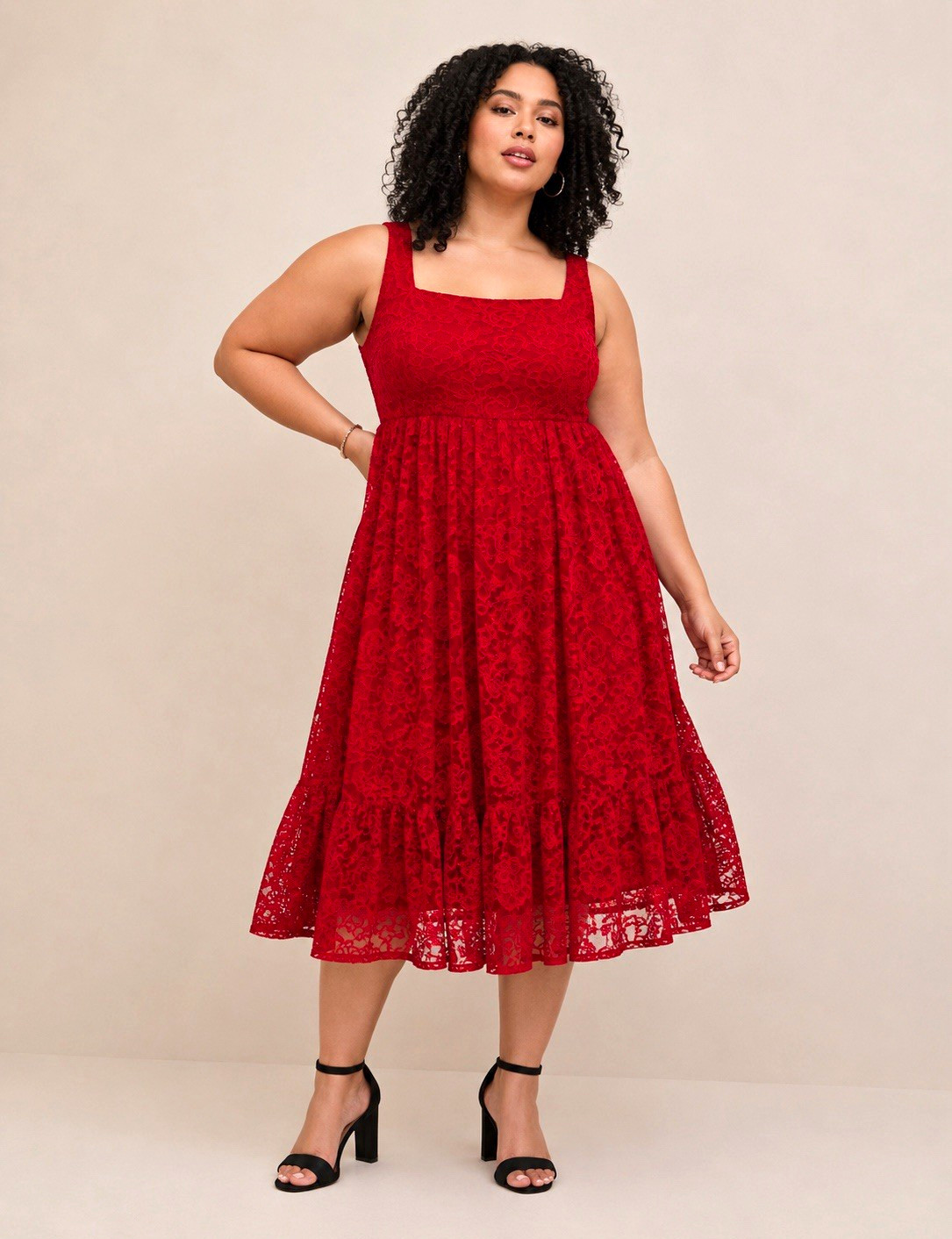 Torrid Women’s 22 Red Floral Lace Square Neck Sleeveless Lined Zip Midi Dress