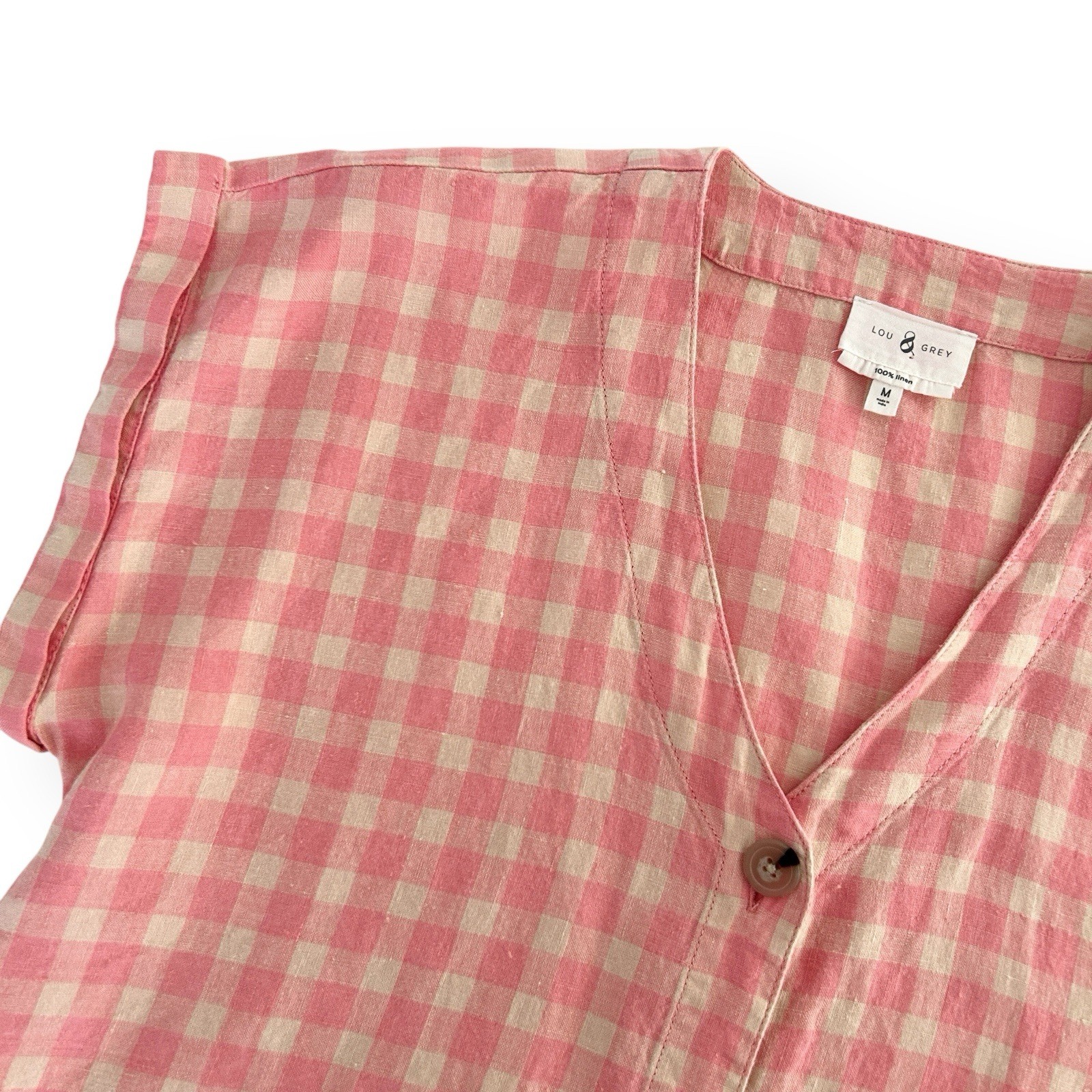 Lou & Grey Medium Pink Ivory Multi 100% Linen Gingham Button Front Dress NWOT