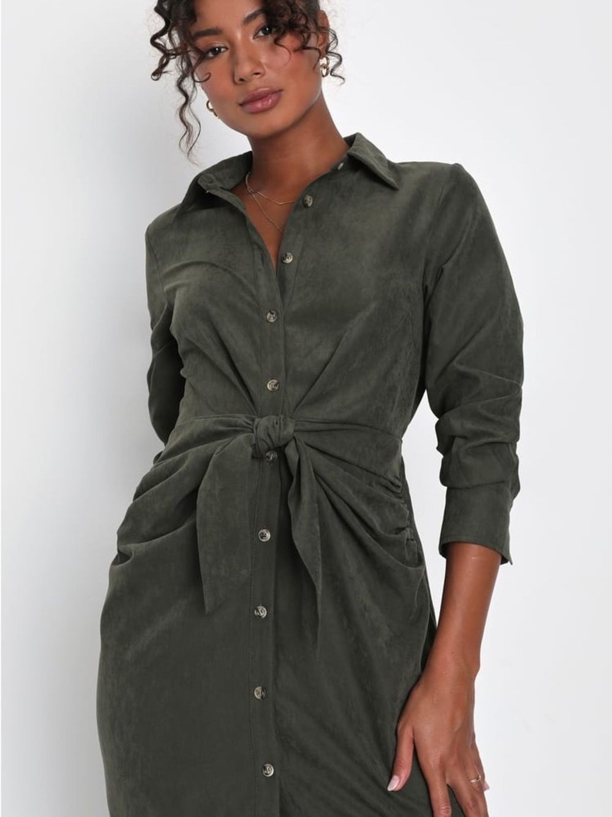 Lulus Autumnal Views Olive Green Suede Button-Up Tie-Front Midi Dress SizeXS NWT