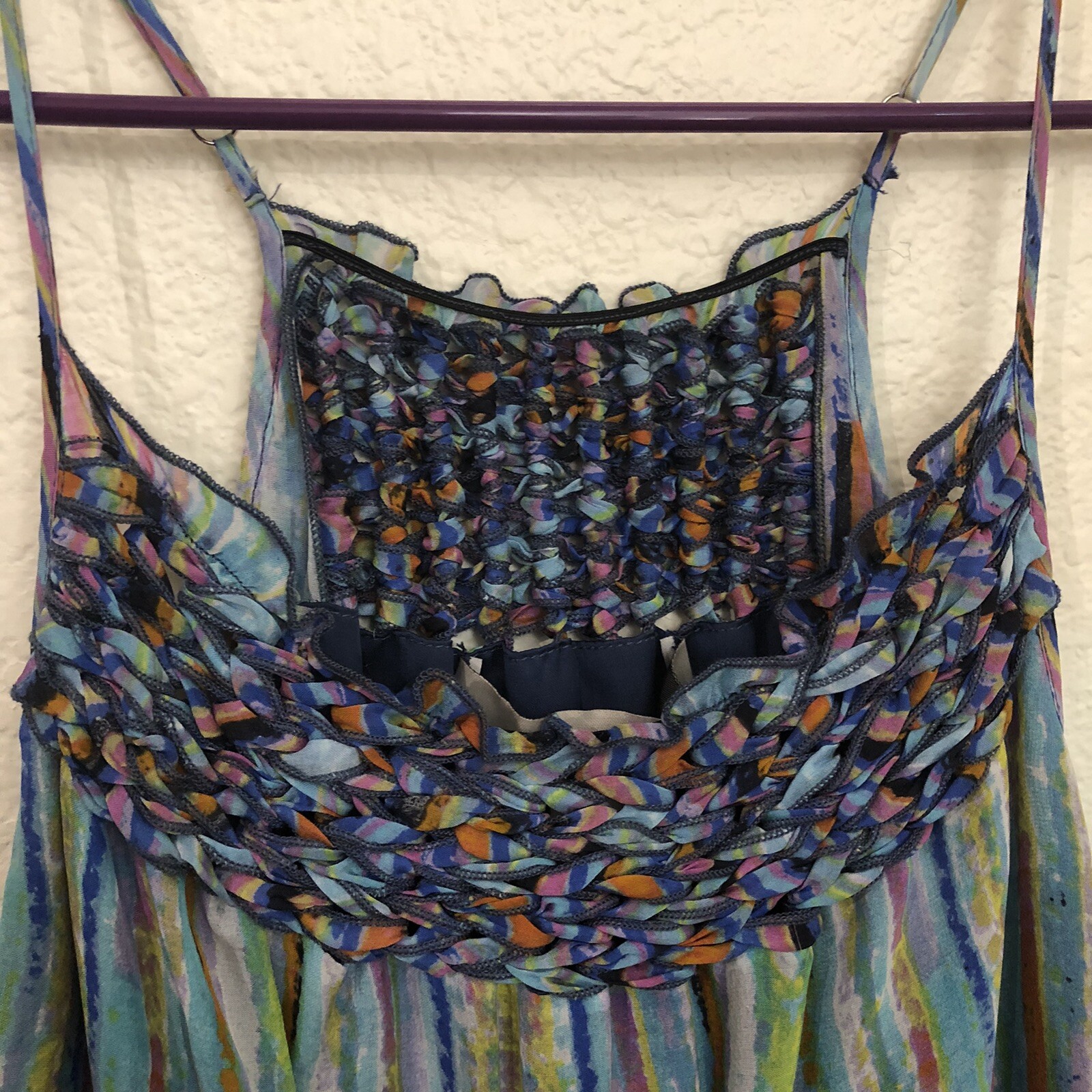 Presley Skye Small Long Maxi Dress Braided Spaghetti Strap Pockets Watercolor
