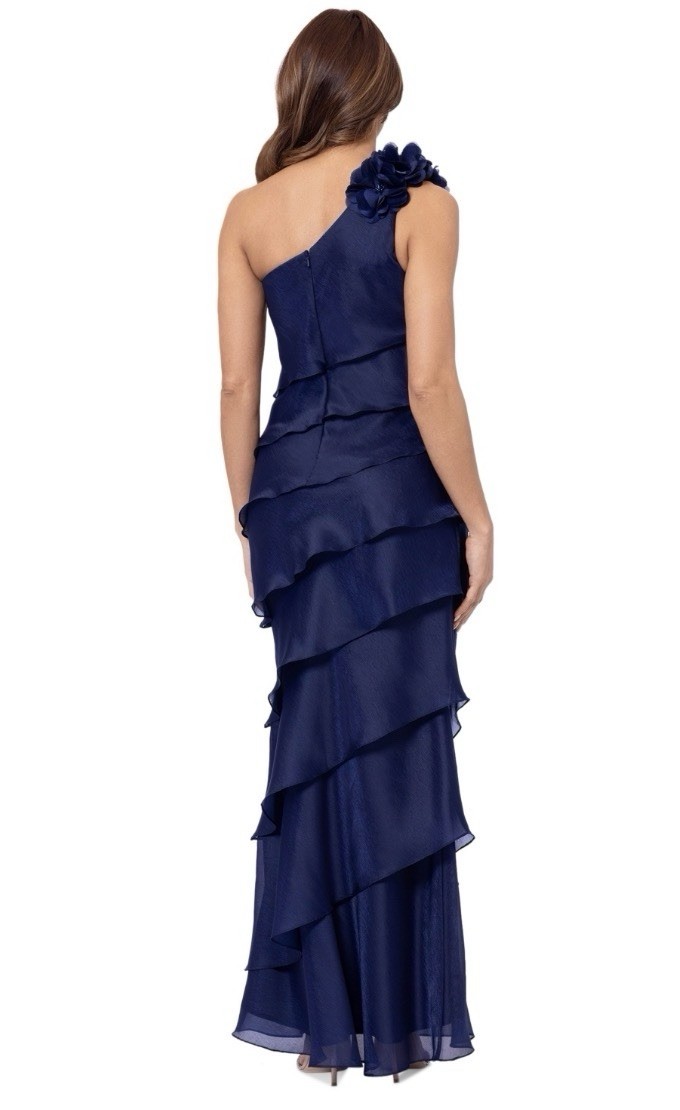XSCAPE Women’s Blue Tiered Chiffon One-Shoulder Dress Size 16