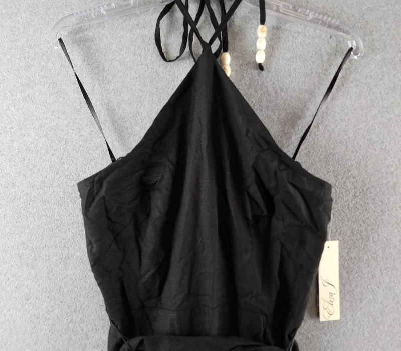 Eliza J Beaded-Strap Contrast-Trim Halter MIDI Dress Women’s 6 Black Linen Blend