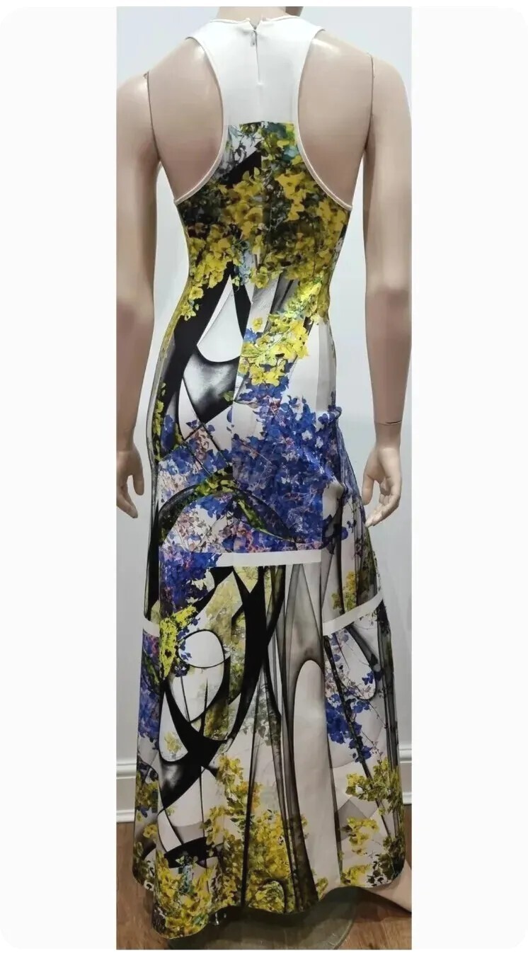 CLOVER CANYON Neoprene Scuba White Black Blue Lime Geo Print A-Line Maxi Dress M